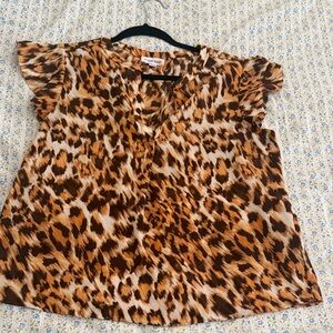 Calvin Klein Leopard Print V-Neck Flutter Sleeve Top in Brown and Tan